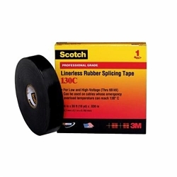 Scotch® 7000006086 130C Linerless Premium Grade Splicing Tape, 30 ft L 1-1/2 in W, 30 mil THK, Ethylene Rubber Backing, Black