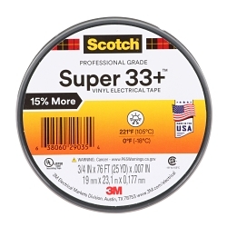 Scotch® 7100201470 Super 33 Vinyl Tape, 25 yd L 0.75 in W, 7 mil THK, Rubber Adhesive, PVC Backing, Black