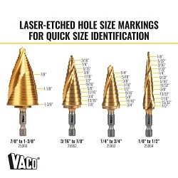 Klein® 25950 Vaco Drill Bit Kit, 1/8, 1/4, 3/16, 7/8 in Dia Min Hole, 1/2, 3/4, 7/8, 1-3/8 in Dia Max Hole, 37 Steps, HSS, 37 Hole Sizes, 1/4 in Shank