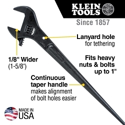 Klein® 3239 Adjustable Construction Wrench, 1-1/2 in Spud Handle Wrench, Black Oxide, 16 in OAL, Alloy Steel