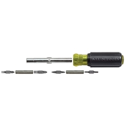 Klein® 32500 11-in-1 Multi-Bit Screwdriver, 6 Pieces, #1, #2, 3/16 in, 1/4 in, T10, T15 Range, Cushion Grip Handle, Steel, ASME Specified