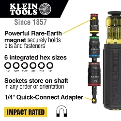Klein® 32900 7-in-1 Impact Flip Socket, 1/4 in Drive Hex Drive, 1/4, 5/16, 11/32, 3/8, 7/16, 1/2 in Socket Impact Socket, 6 Points