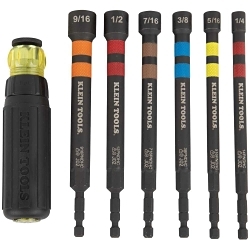 Klein® 32950 Magnetic Color-Coded Power Nut Driver, 1/4 to 9/16 in, 7 Pieces, 6.3 in OAL, Ratchet Handle, Steel Alloy