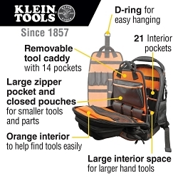 Klein® Tradesman Pro™ 55485 Zipper Closure Tool Master Backpack, 1680D Ballistic Weave/Polypropylene, Black/Gray/Orange