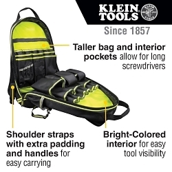 Klein® Tradesman Pro™ 55597 48-Pocket High Visibility Soft Sided Zipper Closure Backpack, 1680D Ballistic Weave, Black/Green/Reflective Gray