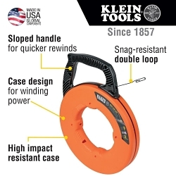 Klein® 56334 Double Loop Fish Tape, 0.125 in W x 0.062 in THK Tape, 240 ft L Tape, High Carbon Steel Tape, Black/Orange