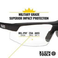 Klein® 60159 Standard Safety Eyewear, Anti-Fog/Scratch-Resistant, Clear Lens, Half-Frame Frame, Black/Orange, Nylon Frame, Polycarbonate Lens, ANSI Z87.1+ (2015), CSA Z94.3 (2015), MIL-PRF-32432A (Class 1-Ballistics Fragmentation) Clause 3.8.4.1