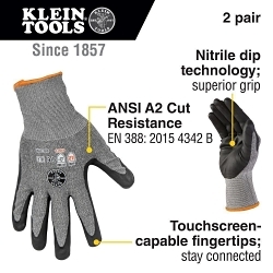 Klein® 60185 Touchscreen Work Gloves, L, HPPE/Nitrile/Polyester/Spandex, Knit Wrist Cuff, Resists: Cut, ANSI Cut-Resistance Level: 2, Pair Hand
