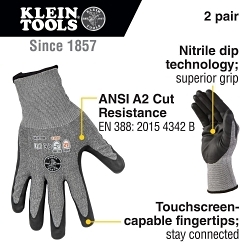 Klein® 60197 Touchscreen Work Gloves, XL, Carbon/Glass Fiber/HPPE/Polyester/Nitrile/Nylon/Spandex, Knit Wrist Cuff, Resists: Cut, ANSI Cut-Resistance Level: 2, Pair Hand