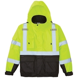 Klein® 60380 Winter Bomber Jacket With Hood and 2 in Reflective Stripes, XL, Black/Hi-Viz Yellow, Polyester, 44 to 50 in Chest, Resists: Water and Wind, ANSI/ISEA 107-2015 Type R Class 3