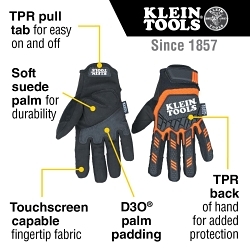 Klein® 60600 Heavy Duty Gloves, Touchscreen Style, Suede Palm, TPR, Black/Orange/White, Adjustable Cuff, Resists: Abrasion