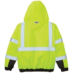 Klein® 60364 Winter Bomber Jacket With Hood and 2 in Reflective Stripes, L, Black/Hi-Viz Yellow, Polyester, 38 to 44 in Chest, Resists: Water and Wind, ANSI/ISEA 107-2015 Type R Class 3
