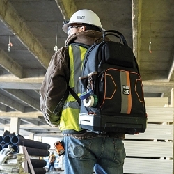 Klein® 62201MB 32-Pocket Electricians Backpack, 1680d Ballistic Weave/Hard Molded Polypropylene, Black/Orange