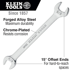 Klein® 68460 Open End Wrench, 1/4 x 5/16 in Wrench, Double End Head, 15 deg Offset, 4-3/4 in L, Alloy Steel, Polished Chrome/Nickel Plated