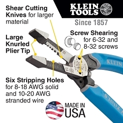 Klein® Klein-Kurve® K12035 Heavy Duty Shear Cutting Wire Stripper With Hold-Open Spring, 18 to 8 AWG Solid/20 to 10 AWG Stranded Other Non-Metallic Type NM Sheathed/Romex® Cable, 8.41 in OAL, Forged Steel Body