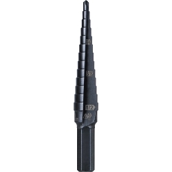 Klein® KTSB01 Step Drill Bit, 1/8 in Dia Min Hole, 1/2 in Dia Max Hole, Steel, 13 Hole Sizes, 3/8 in Shank