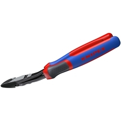 Knipex® 74 22 200 SBA High Leverage Diagonal Cutting Plier, 11/64 in Dia Medium Hard, 1/8 in Dia Hard, 3/32 in Dia Piano Wires Nominal, 7/8 in L x 1-1/8 in W Angled/Oval Jaw, 8 in OAL, Beveled Cut, DIN ISO 5746