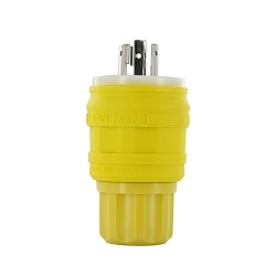 Leviton® 26W48 1-Phase Grounding Watertight Cable Mount Locking Plug, 250 VAC, 20 A, 2 Poles, 3 Wires, Yellow