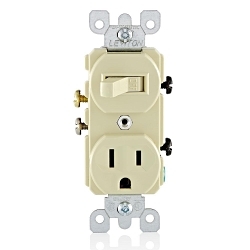 Leviton® 5225-I Duplex Combination Switch and Receptacle, 15 A, 120/277 VAC, 1/2 hp at 120 VAC, 2 hp at 240/277 VAC, 1 Poles, 14 to 12 AWG Wire