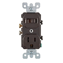 Leviton® 5225 Duplex Combination Switch and Receptacle, 15 A, 120/277 VAC, 1/2 hp at 120 VAC, 2 hp at 240/277 VAC, 1 Poles, 14 to 12 AWG Wire