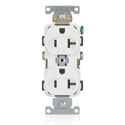 Leviton® BR20-W 1-Phase Duplex Heavy Duty Straight Blade Receptacle, 125 VAC, 20 A, 2 Poles, 3 Wires, White