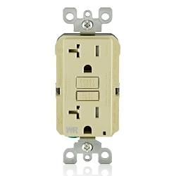 Leviton® GFWT2-I Duplex Feed Through Self-Test Slim Tamper/Weather Resistant GFCI Receptacle With Ivory Test, Reset Button, 125 VAC, 20 A, 2 Poles, 3 Wires, Ivory