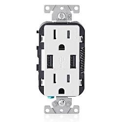 Leviton® Decora® T5632-W Tamper-Resistant Combination USB Charger/Duplex Receptacle, 15 A, 125 VAC, White