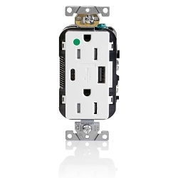 Leviton® Decora® T5633-HGW Heavy Duty Combination USB Charger/Duplex Receptacle, 15 A, 125 VAC, 25 W, 2 Poles, 3 Wires, White