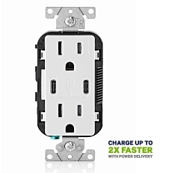 Leviton® Decora® T5635-W Combination Grounding Tamper-Resistant Duplex Receptacle and USB Charger, 125 VAC, 15 A, White