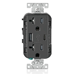 Leviton® Decora® T5833-E Combination Grounding Tamper-Resistant Duplex Receptacle and USB Charger, 125 V AC, 20 A, Black