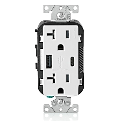 Leviton® Decora® T5833-W Tamper-Resistant Combination USB Charger/Duplex Receptacle, 20 A, 125 V AC, White