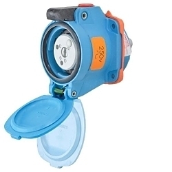 MELTRIC DECONTACTOR™ 63-14072 DSN20 1/3-Phase Switch Rated Female Receptacle With Ground, 110/125/220/250 V AC, 20 A, 2 Poles, 3 Wires, Blue