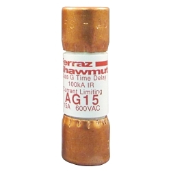 Mersen Amp-Trap® AG15 Current Limiting Low Voltage Time-Delay Fast Acting Fuse, 15 A, 600 VAC, 100 kA, Class G, Cylindrical Body