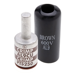NSI PTS250 Centered Dual Rated Pin Terminal With Plastisol Insulating Cover, 3/0 AWG to 250 kcmil Conductor, 0.46 in Dia x 1.22 in L Pin, Aluminum, Brown