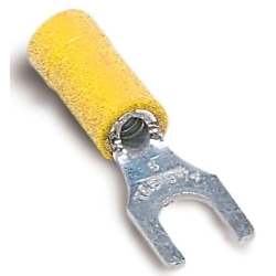 Sta-Kon® 10RC-6F RC Series Insulated Fork Terminal, 12 to 10 AWG Conductor, 1.09 in L, Brazed Seam/Serrated Barrel, Copper, Yellow
