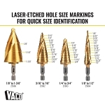 Klein® 25950 Vaco Drill Bit Kit, 1/8, 1/4, 3/16, 7/8 in Dia Min Hole, 1/2, 3/4, 7/8, 1-3/8 in Dia Max Hole, 37 Steps, HSS, 37 Hole Sizes, 1/4 in Shank