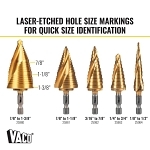 Klein® 25950 Vaco Drill Bit Kit, 1/8, 1/4, 3/16, 7/8 in Dia Min Hole, 1/2, 3/4, 7/8, 1-3/8 in Dia Max Hole, 37 Steps, HSS, 37 Hole Sizes, 1/4 in Shank