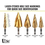 Klein® 25950 Vaco Drill Bit Kit, 1/8, 1/4, 3/16, 7/8 in Dia Min Hole, 1/2, 3/4, 7/8, 1-3/8 in Dia Max Hole, 37 Steps, HSS, 37 Hole Sizes, 1/4 in Shank