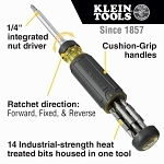 Klein® 32305 15-in-1 Ratcheting Multi-Bit Screwdriver, 1 Pieces, #0 to #3, 3/16 to 1/4 in, T10 to T25 Range, Cushion Grip Handle, Carbon Steel