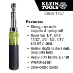 Klein® 32807MAG 7-in-1 Multi-Bit Nutdriver, 1/4 in, 5/16 in, 11/32 in, 3/8 in, 1/2 in, 7/16 in, 9/16 in, Black Cushion Grip Handle