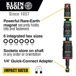 Klein® 32907 Impact Flip Socket, 6 Points, 1/4 in Drive, Hex, Included Socket Size: 1/4, 5/16, 11/32, 3/8, 7/16, 1/2 in