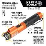 Klein® 56040 Rechargeable Focus Flashlight With Laser, LED Bulb, Aluminum Housing, 350 Lumens (High)/125 Lumens (Low) Lumens