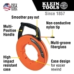 Klein® 56383 Multi-Groove Fish Tape With Non-Conductive Nylon Tip, 0.182 in THK Tape, 100 ft L Tape, Non-Conductive Nylon Eyelet Profile, Fiberglass Tape, Black/Orange