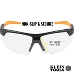 Klein® 60159 Standard Safety Eyewear, Anti-Fog/Scratch-Resistant, Clear Lens, Half-Frame Frame, Black/Orange, Nylon Frame, Polycarbonate Lens, ANSI Z87.1+ (2015), CSA Z94.3 (2015), MIL-PRF-32432A (Class 1-Ballistics Fragmentation) Clause 3.8.4.1