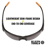 Klein® 60162 Professional Safety Eyewear, Anti-Fog/Scratch-Resistant, Gray Lens, Half-Frame Frame, Black/Orange, ABS/PC/Nylon Frame, Polycarbonate Lens, ANSI Z87.1+ (2015), CSA Z94.3 (2015), MIL-PRF-32432A (Class 1-Ballistics Fragmentation) Clause 3.8.4.1