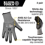 Klein® 60197 Touchscreen Work Gloves, XL, Carbon/Glass Fiber/HPPE/Polyester/Nitrile/Nylon/Spandex, Knit Wrist Cuff, Resists: Cut, ANSI Cut-Resistance Level: 2, Pair Hand