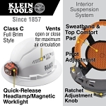 Klein® 60407 Type 1 Full Brim Vented Hard Hat, SZ 6-1/2 Fits Mini Hat, SZ 8 Fits Max Hat, ABS/Polycarbonate, 4-Point Reverse Donning Suspension, ANSI Electrical Class Rating: Class C, ANSI Impact Rating: ANSI Z89.1-2014, Ratchet with Pivot Adjustment