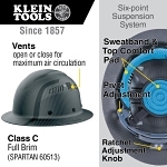 Klein® 60513 Type 1 Full Brim Style Vented Hard Hat, 7-1/2 Fits Mini Hat, 8 Fits Max Hat, Carbon Fiber Composite, 6-Point Suspension, ANSI Impact Rating: ANSI Z89.1-2014 Type 1, Ratchet with Pivot Adjustment