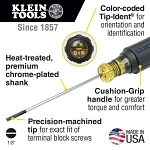 Klein® 612-4 Terminal Block Screwdriver, 1/8 in Cabinet Point, Steel Shank, 7-3/4 in OAL, Acetate Handle, Polished Chrome, ASME Specified