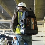 Klein® 62201MB 32-Pocket Electricians Backpack, 1680d Ballistic Weave/Hard Molded Polypropylene, Black/Orange